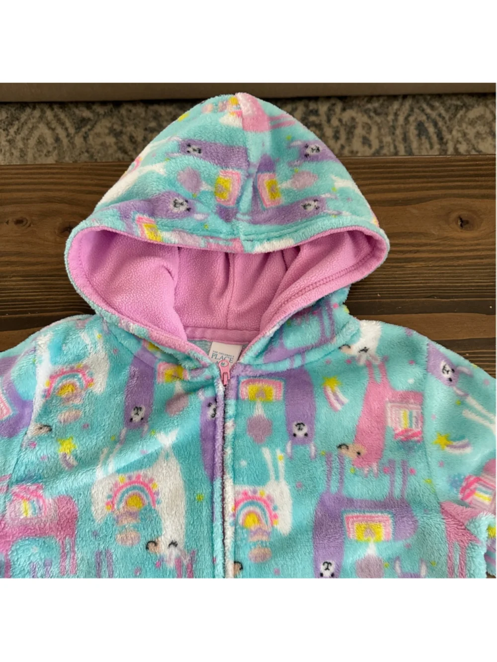 Girls Children's Place Llama Pajama Onesie M 7/8 Blue Pink Hooded Fleece